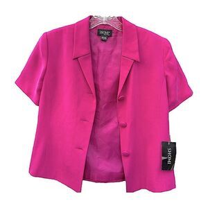 New Shomi Satin Silk Pink Blazer Button Down Short Sleeve Collar Jacket Womens 6